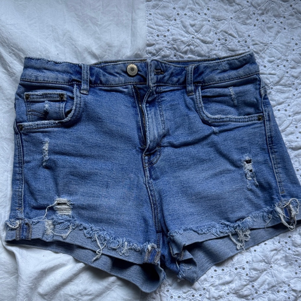 Zara Blue Jean Shorts Distressed Frayed Hem